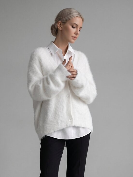 Sweaters - Women's White Fuzzy Knit Cardigan Oversized Drop Shoulder Button Front Sweater